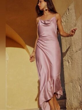NWT Zara Pink Satin Effect Cowl-Neck Midi Slip Dress